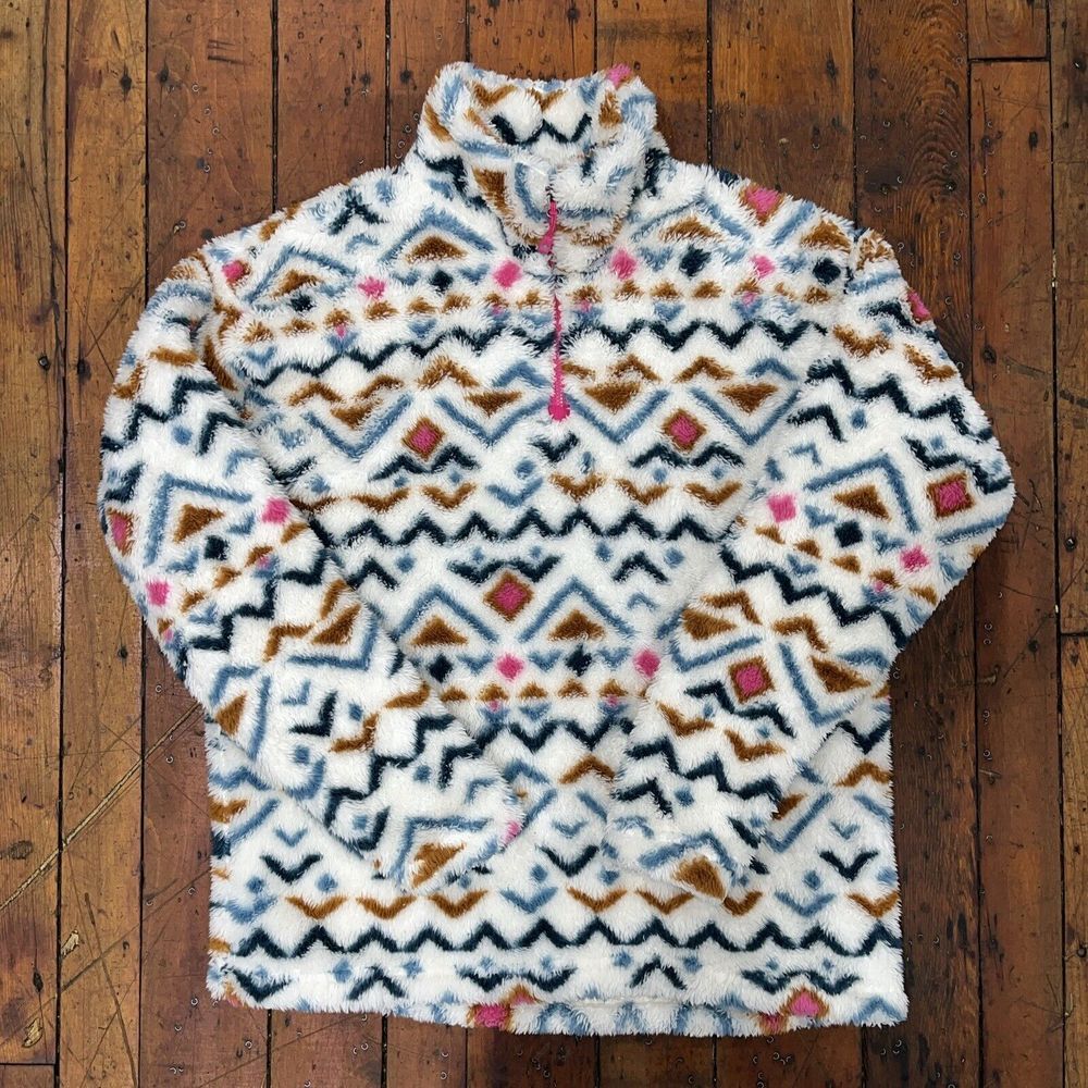 Eddie Bauer White Geometric Fleece Pullover with Pink & Brown Accents